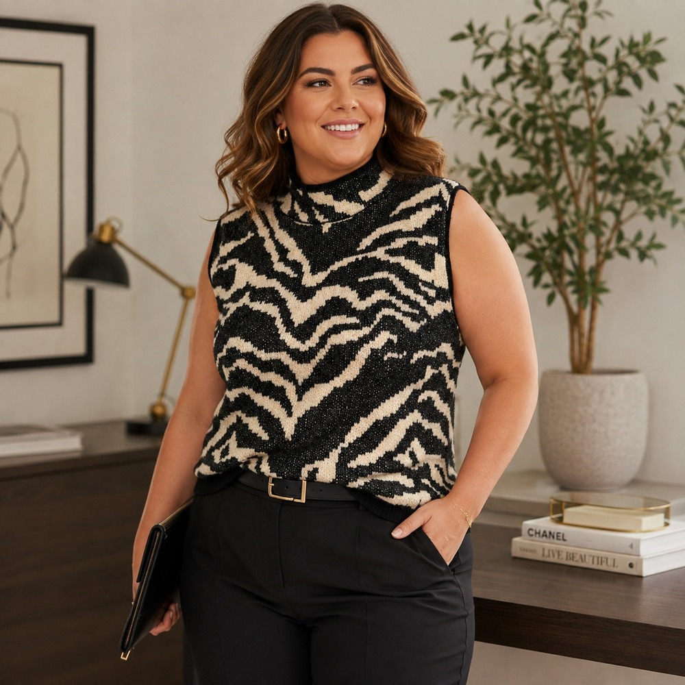 Pilcro Animal Print Metallic Knit Sweater Vest Size XL Black Ivory Old Money